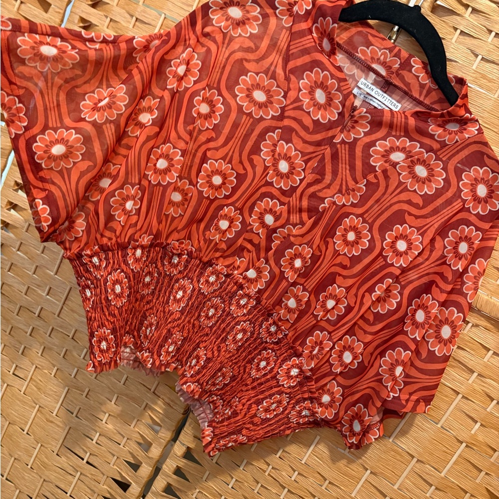 Urban Outfitters Burnt Orange Floral Smocked Hem Top